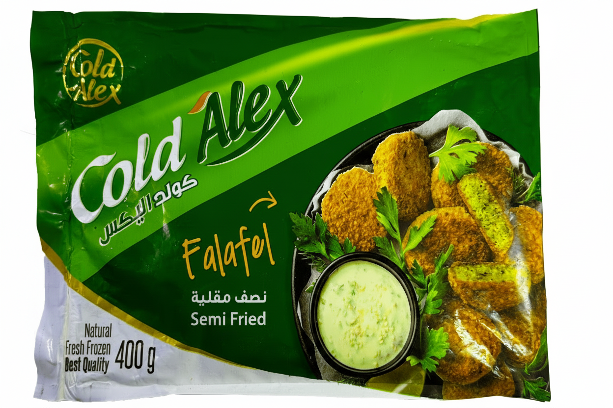 Cold Alex Falafel packaging with green and white design, showing falafel and a dip.