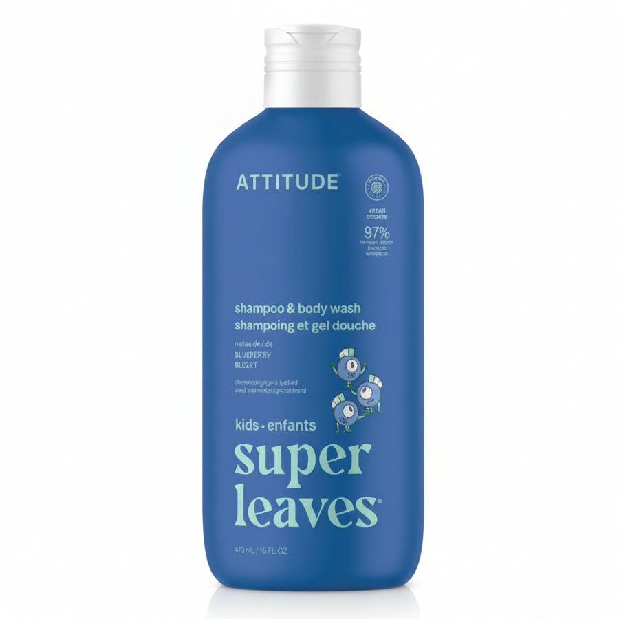Attitude Kids Super Leaves Shampoo & Body Wash in a blue plastic bottle with a white cap, on a white background.