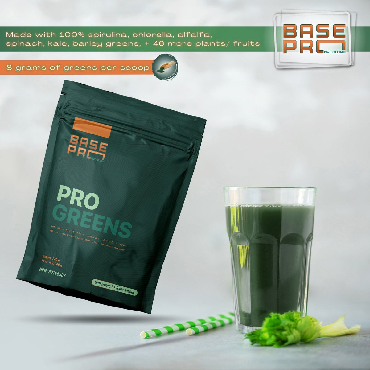 Base Pro Nutrition Pro Greens Powder - Unflavoured 240 Grams - Nutrition Plus