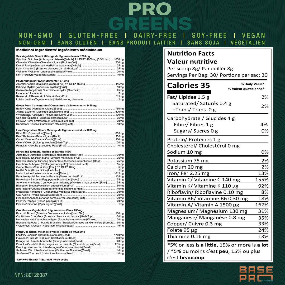 Base Pro Nutrition Pro Greens Powder - Unflavoured 240 Grams - Nutrition Plus