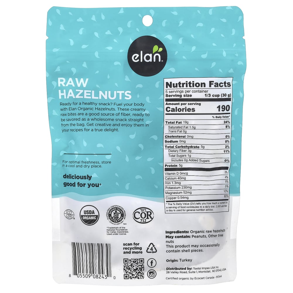 Elan Organic Raw Hazelnuts 165 Grams - Nutrition Plus