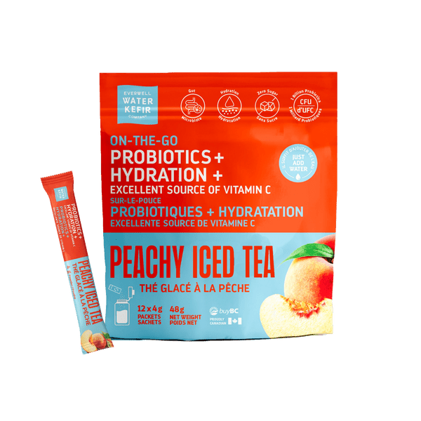 Everwell Water Kefir On - The - Go Probiotic + Hydration Powder Peachy Iced Tea 12 Packets - Nutrition Plus
