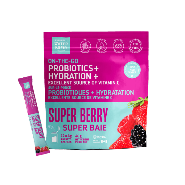 Everwell Water Kefir On - The - Go Probiotic + Hydration Powder Super Berry 12 Packets - Nutrition Plus