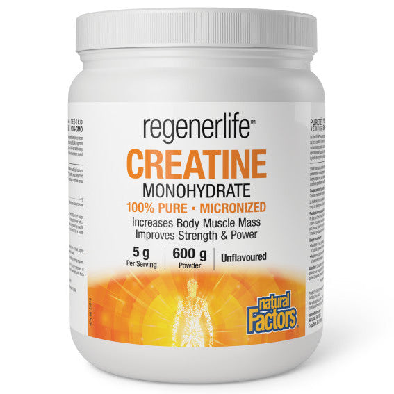 Container of regenerlife Creatine Monohydrate powder on a white background
