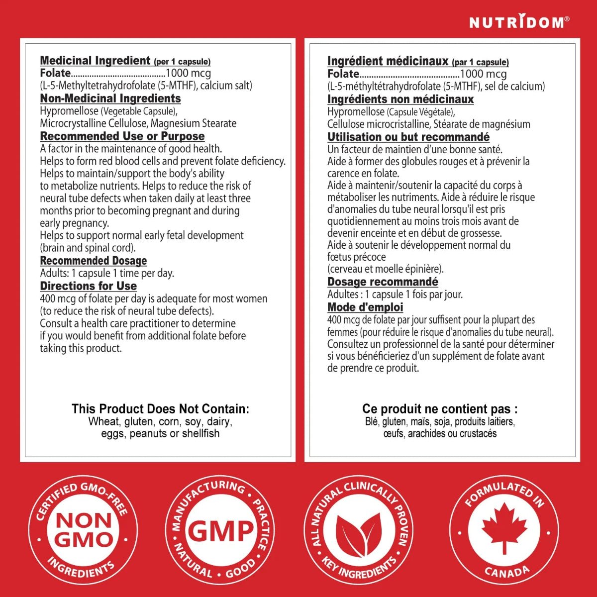 Nutridom Methyl Folate 1000mcg - 90 Veg Capsules - Nutrition Plus