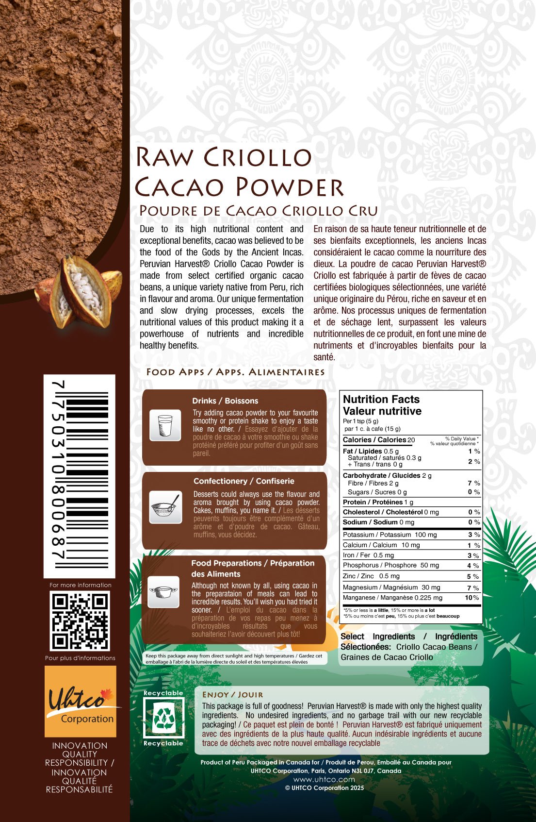 Peruvian Harvest Raw Criollo Cacao Powder 225 Grams - Nutrition Plus