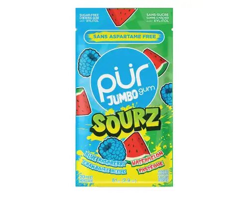 PUR Jumbo Gum Sourz Blue Raspberry, Watermelon Flavour 20 Pieces - Nutrition Plus