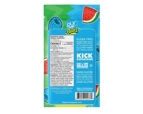 PUR Jumbo Gum Sourz Blue Raspberry, Watermelon Flavour 20 Pieces - Nutrition Plus