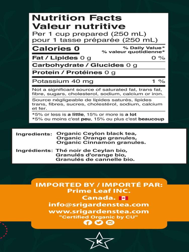 SRI Gardens Organic Orange & Cinnamon 20 Tea Bags - Nutrition Plus