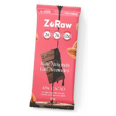ZoRaw 45% Milk Chocolate Bar - Almonds with Protein 55 Grams - Nutrition Plus