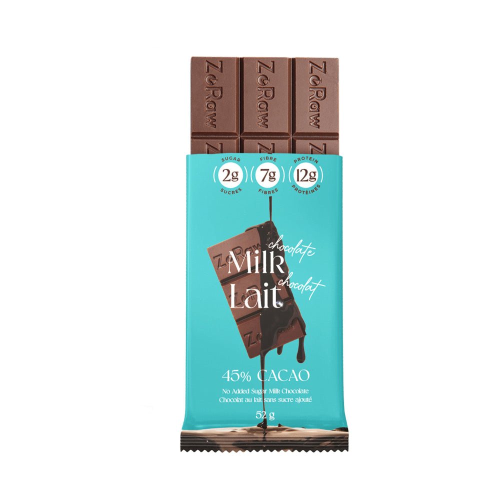 ZoRaw 45% Milk Chocolate Bar with Protein 52 Grams - Nutrition Plus