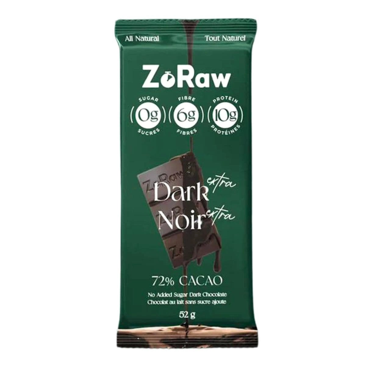ZoRaw 72% Cacao Extra Dark Chocolate Bar with Protein, 52 Grams - Nutrition Plus