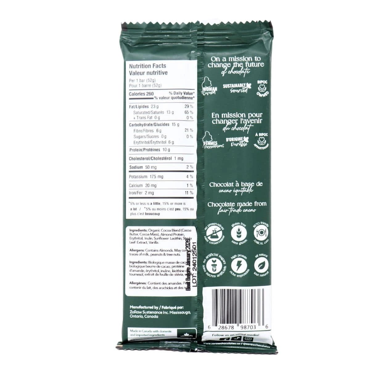 ZoRaw 72% Cacao Extra Dark Chocolate Bar with Protein, 52 Grams - Nutrition Plus