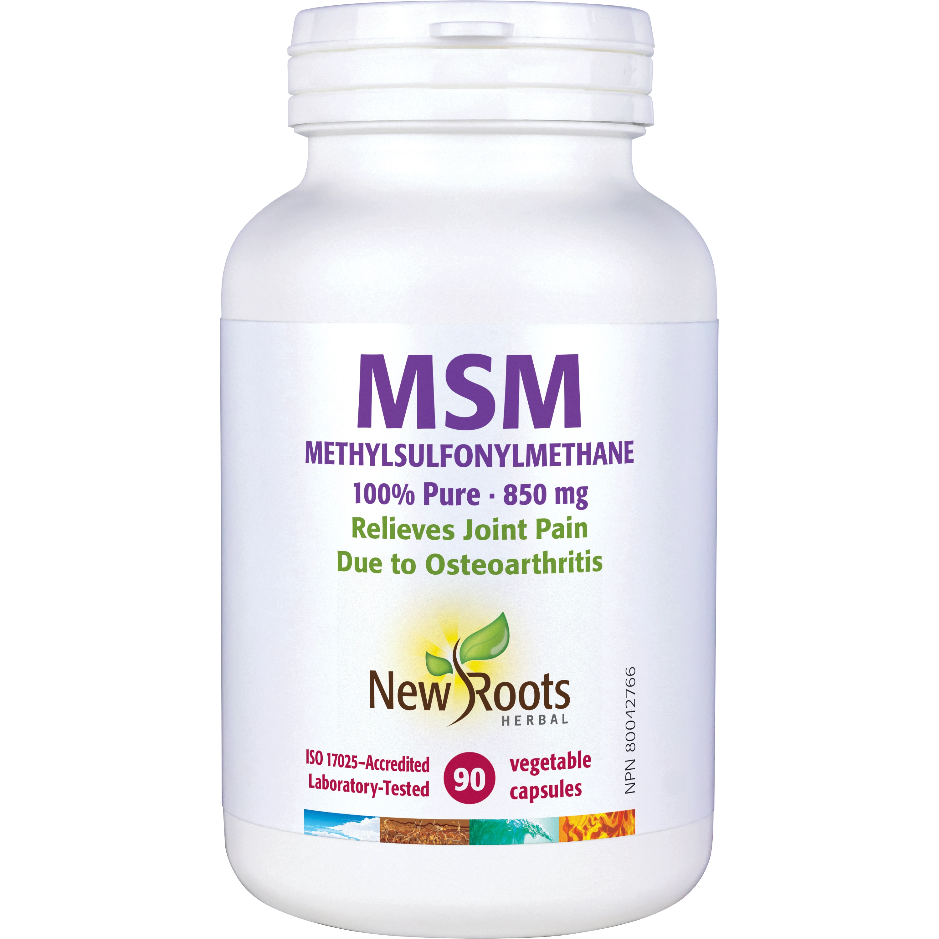 A white plastic bottle of New Roots Herbal MSM (Methylsulfonylmethane) dietary supplement, 90 vegetable capsules, featuring a white label with purple and green text.