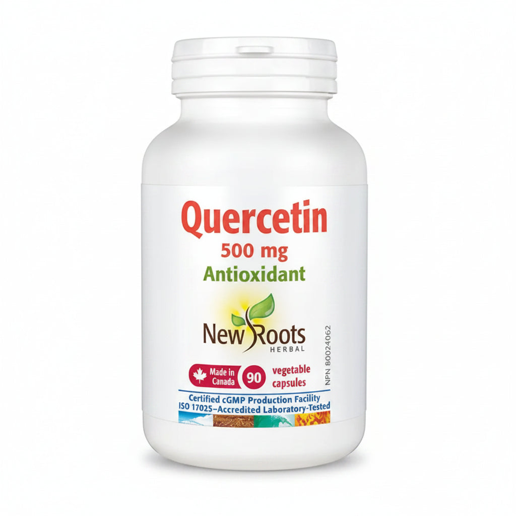 Bottle of New Roots Quercetin 500 mg on a white background