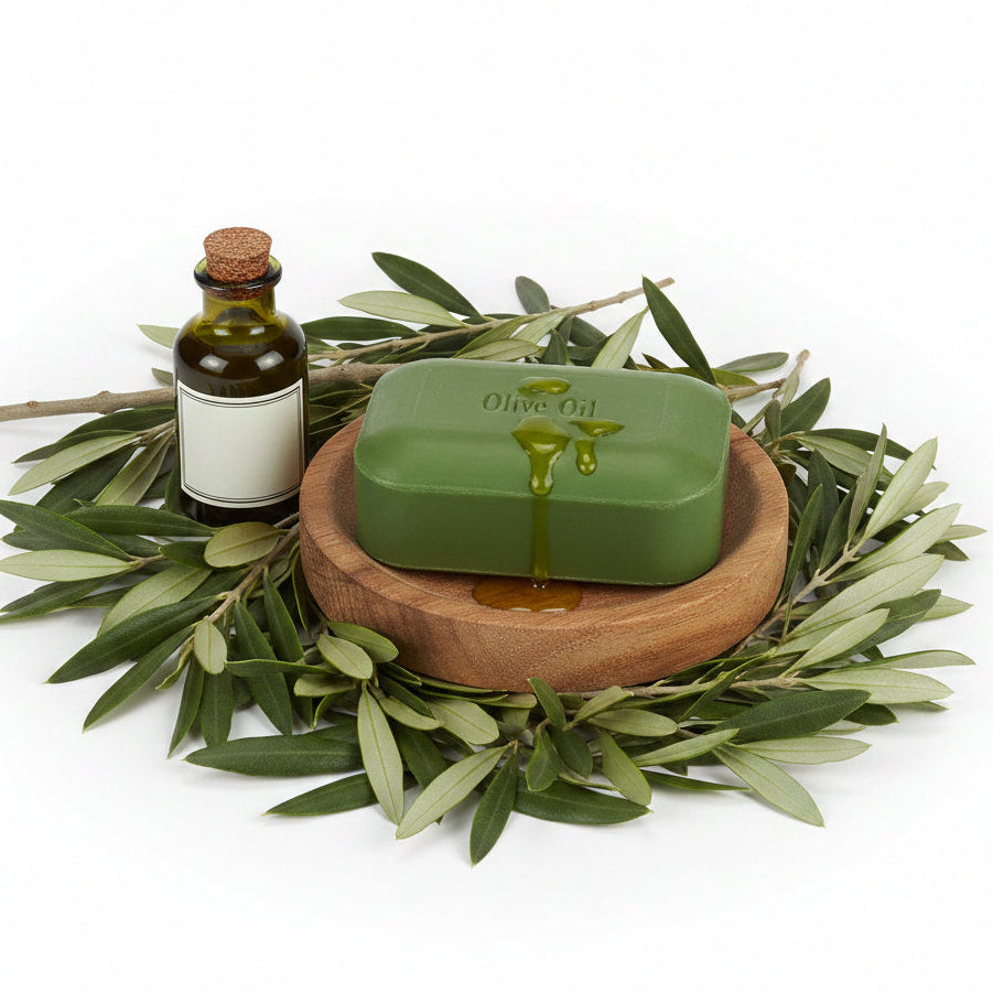 A rectangular green bar of soap embossed with the words 'Olive Oil' on a clean white background.