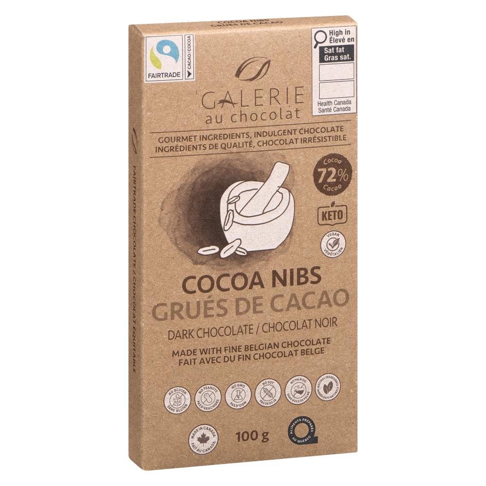 A 100g package of Galerie au chocolat Cocoa Nibs Dark Chocolate (Grues de Cacao) on a clean white background. The packaging is made of natural brown kraft paper with black and white text and graphics.
