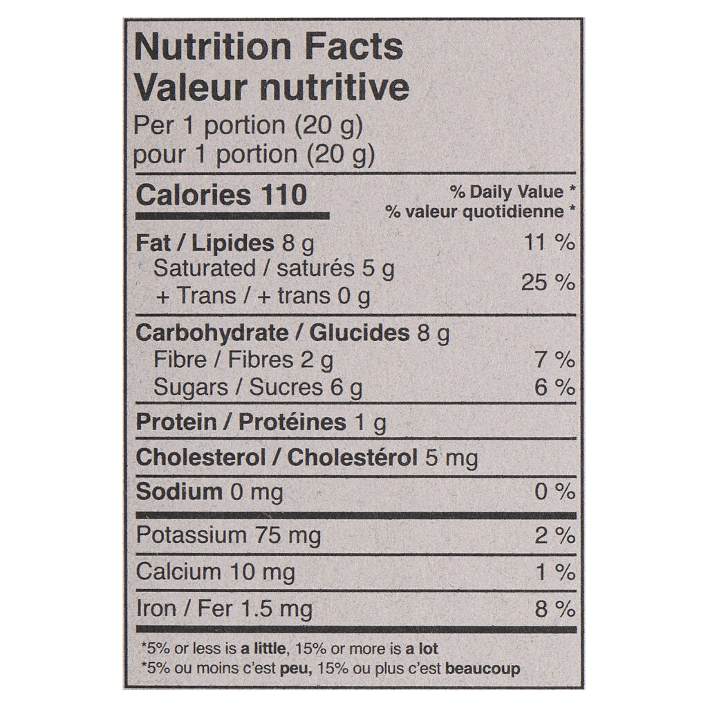 A Nutrition Facts label showing per 1 portion (20 g) nutritional information including calories, fat, carbohydrates, protein, sodium, potassium, calcium, and iron, printed on a light gray background.