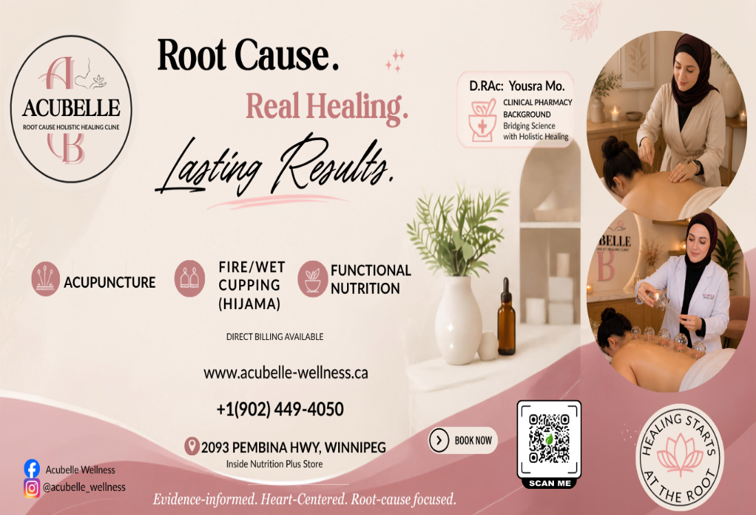 Promotional flyer for Acubelle Wellness, a root-cause holistic healing clinic in Winnipeg. The flyer features the clinic logo, services including acupuncture, fire/wet cupping, and functional nutrition, along with testimonials from clients and staff in a massage setting.