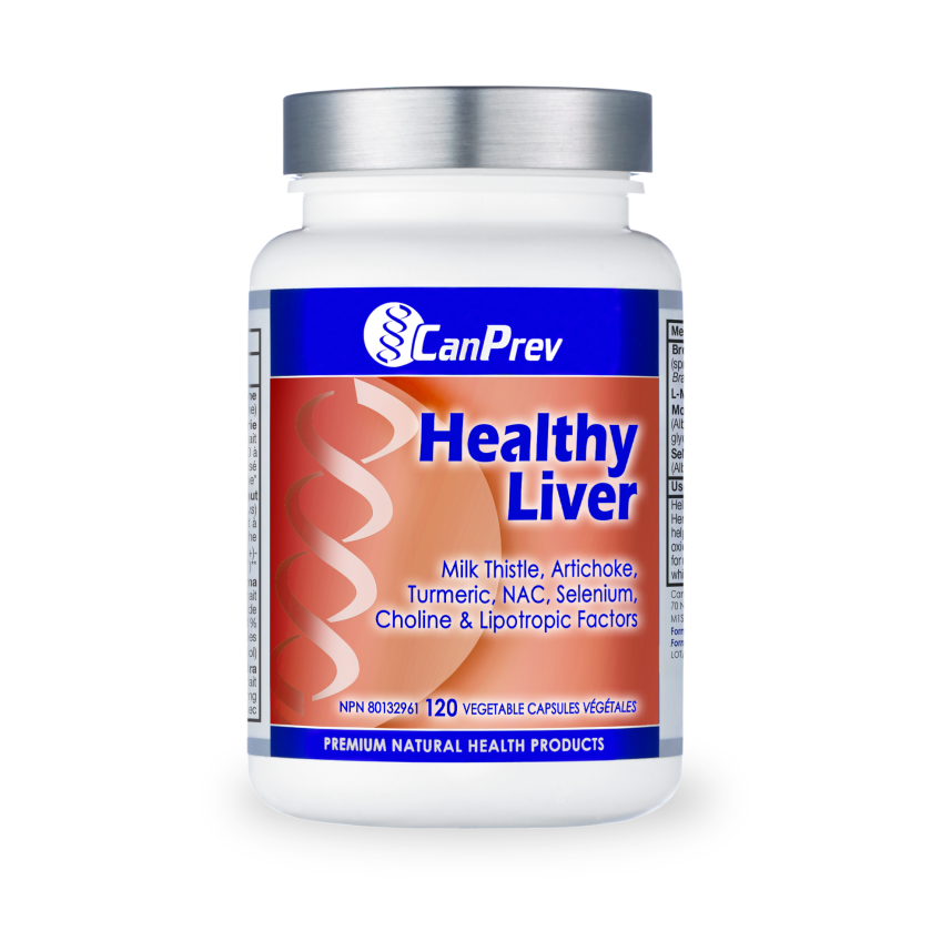 CanPrev Healthy Liver supplement bottle with a white plastic container, a metallic silver cap, and a blue and orange label.