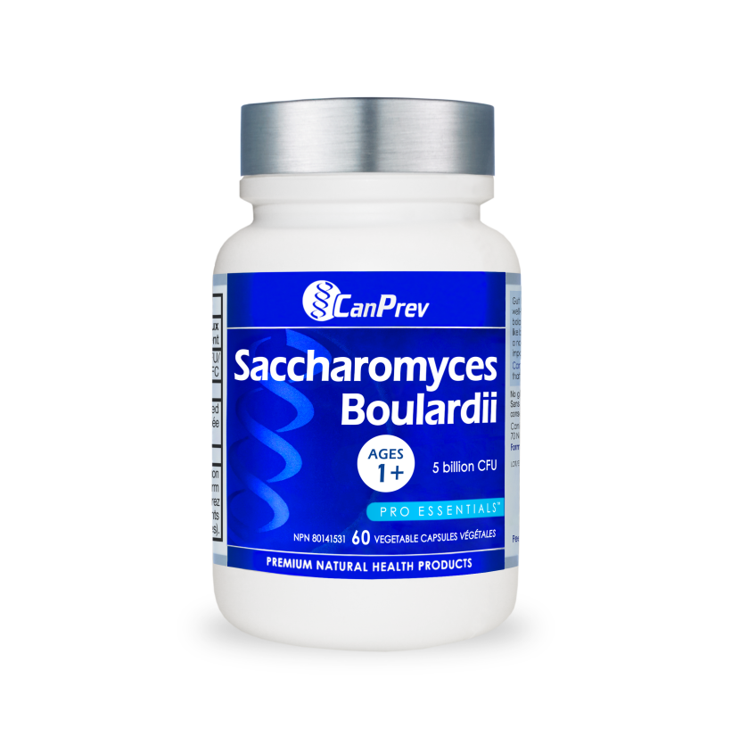 Bottle of CanPrev Saccharomyces Boulardii on a white background