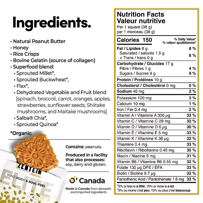 Zentein Nutrition Honey Peanut Butter Elite Crispy Squares 38 Grams