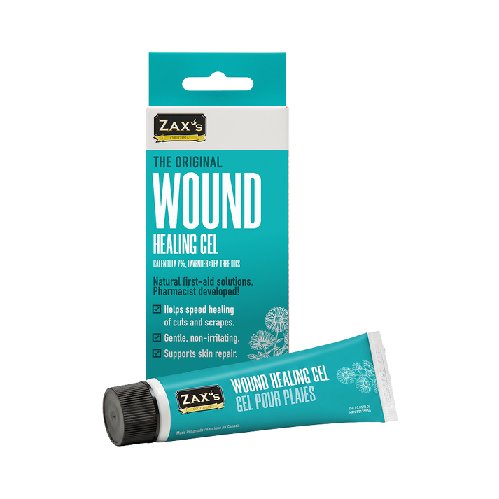 Zax's Wound Healing Gel shown with its retail box and a single squeeze tube on a plain white background.