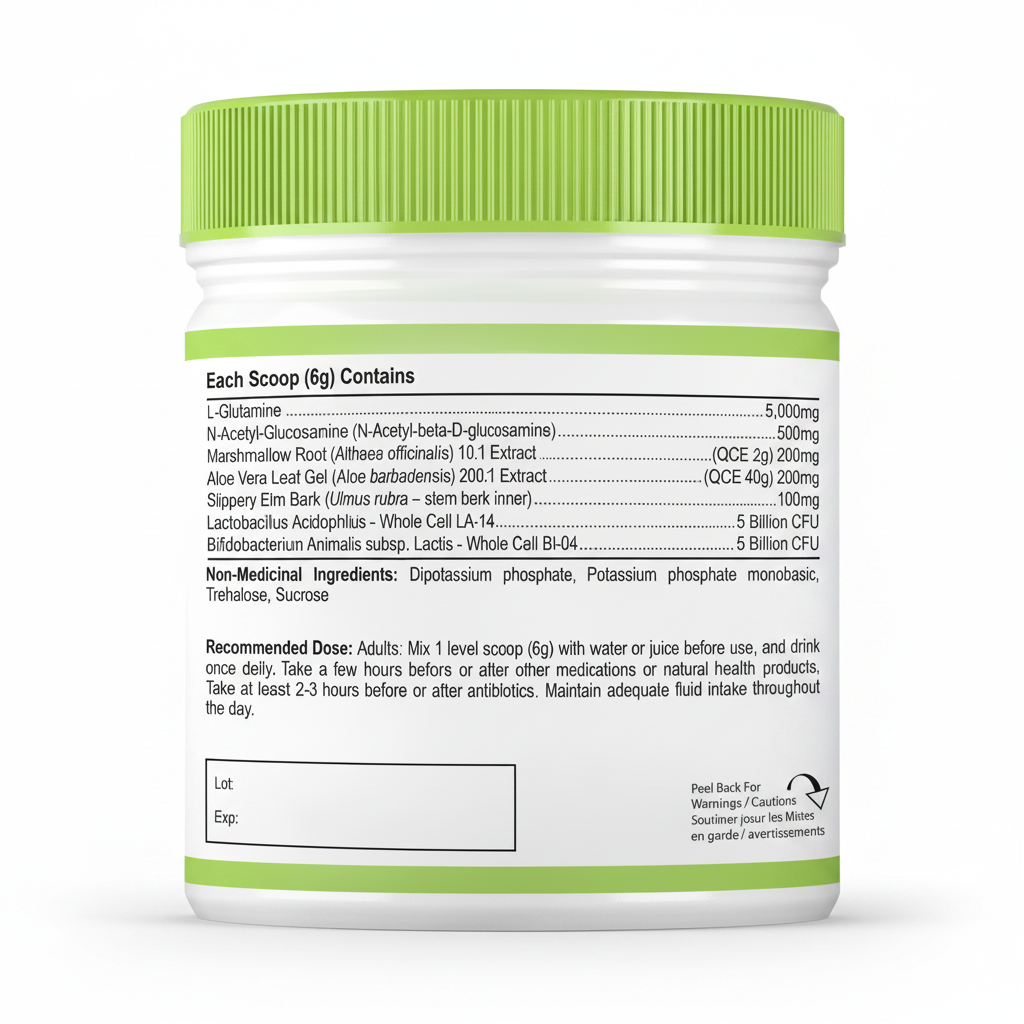 A white supplement bottle with a ribbed green cap, showing the back label with ingredient and dosage information in black text on a white background.