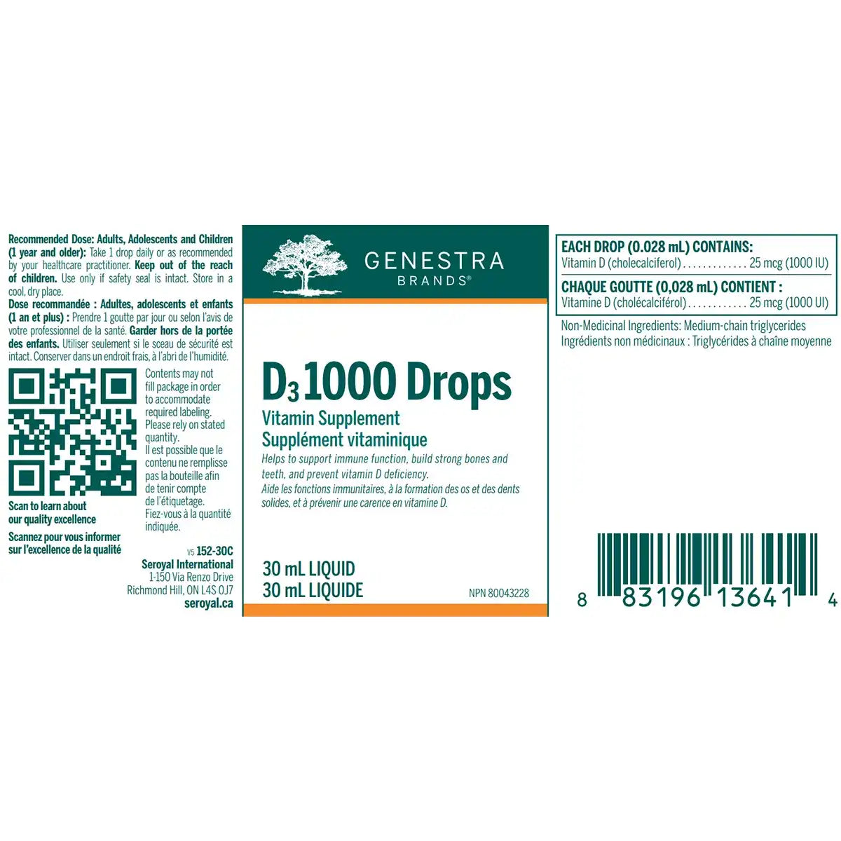 Front and back of a Genestra Brands D3 1000 Drops supplement label, showing product name, dosage information, QR code, barcode, and warning text on a white background.