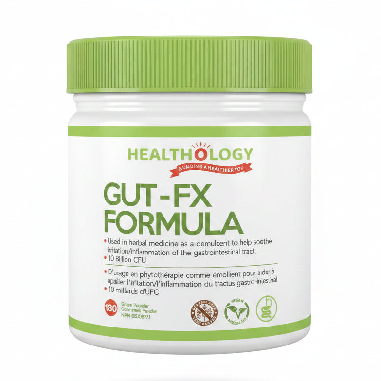 A white plastic supplement jar with a bright green lid and a white label featuring the brand 'Healthology' and the product name 'Gut-FX Formula'.