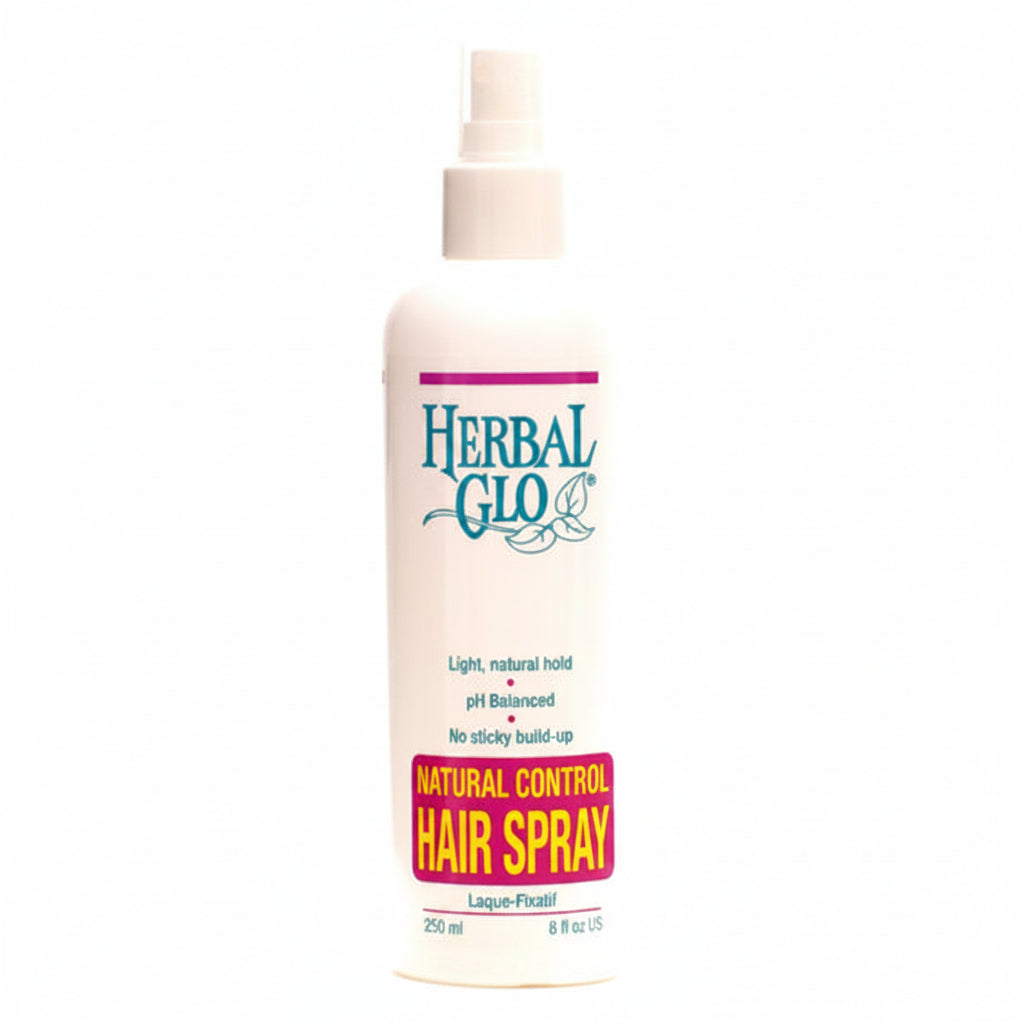 A 250 ml bottle of Herbal Glo Natural Control Hair Spray on a plain white background. The bottle is off-white with a white spray nozzle.