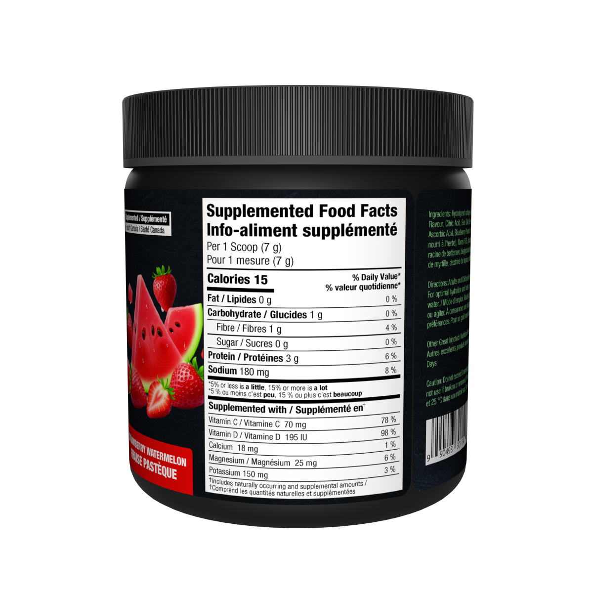 Supplement container with food facts label on a white background