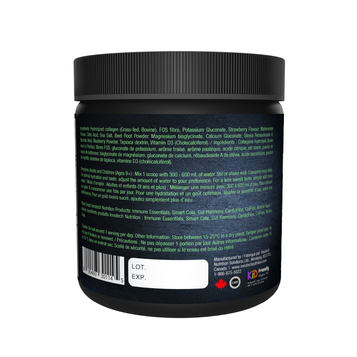 Back view of a supplement container with text and labels on a white background