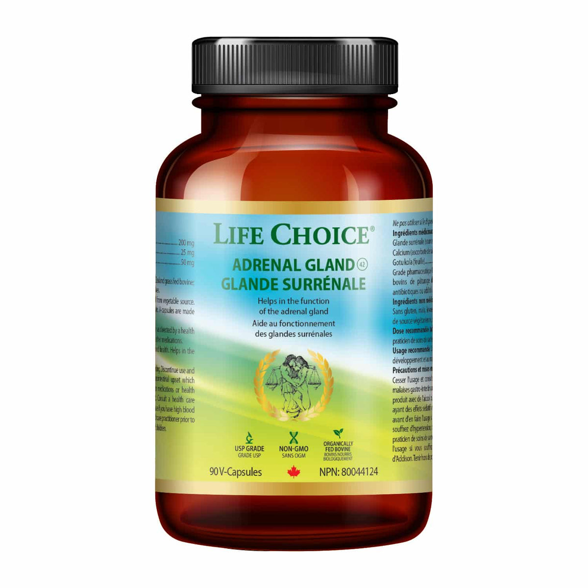 A bottle of Life Choice Adrenal Gland dietary supplement, containing 90 capsules, on a solid white background.