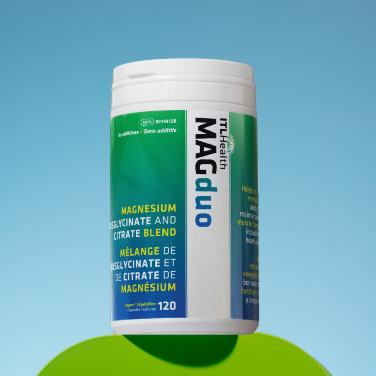 Supplement container labeled 'MAG duo' on a blue background