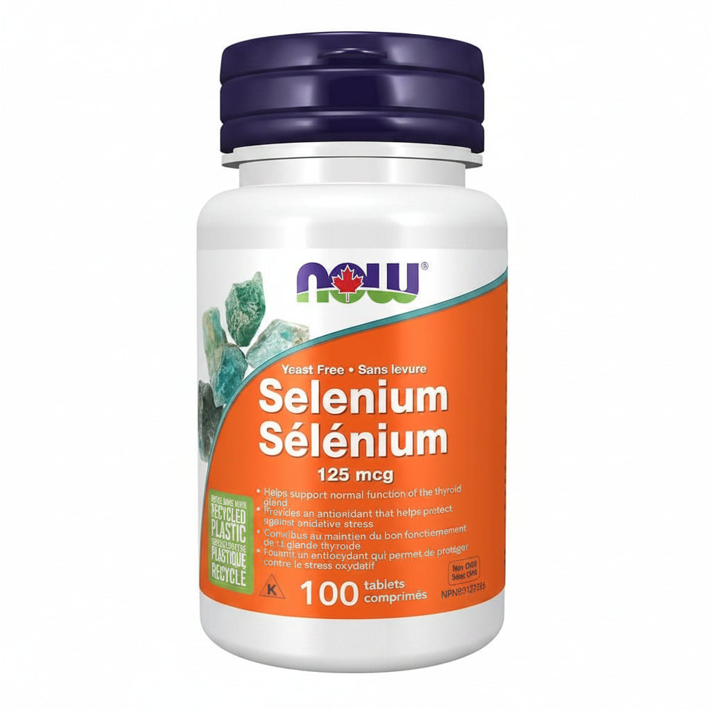 Bottle of NOW Selenium supplement on a white background