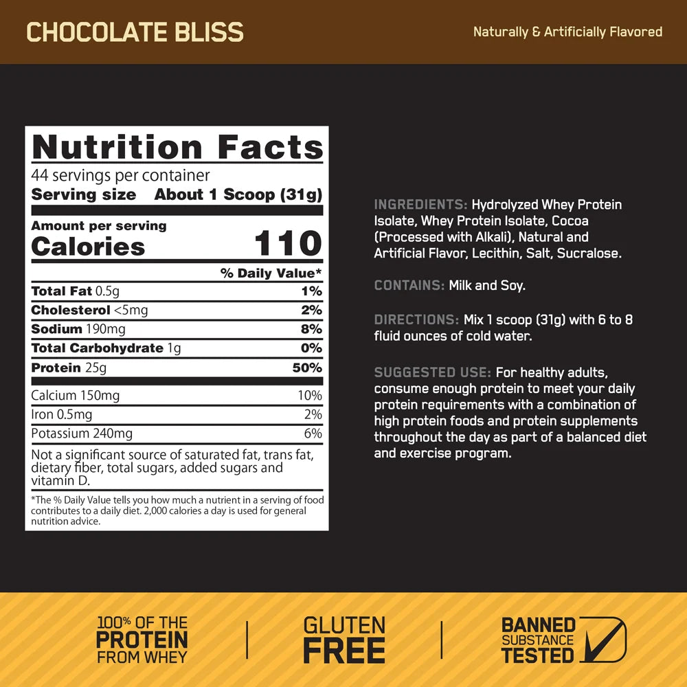 Optimum Nutrition Gold Standard 100% Isolate, Chocolate Bliss 3 Lbs