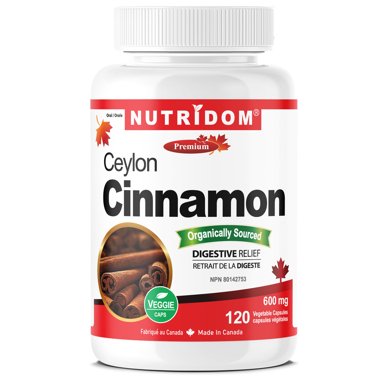 Nutridom Organic Ceylon Cinnamon 600mg 120 Veg Capsules