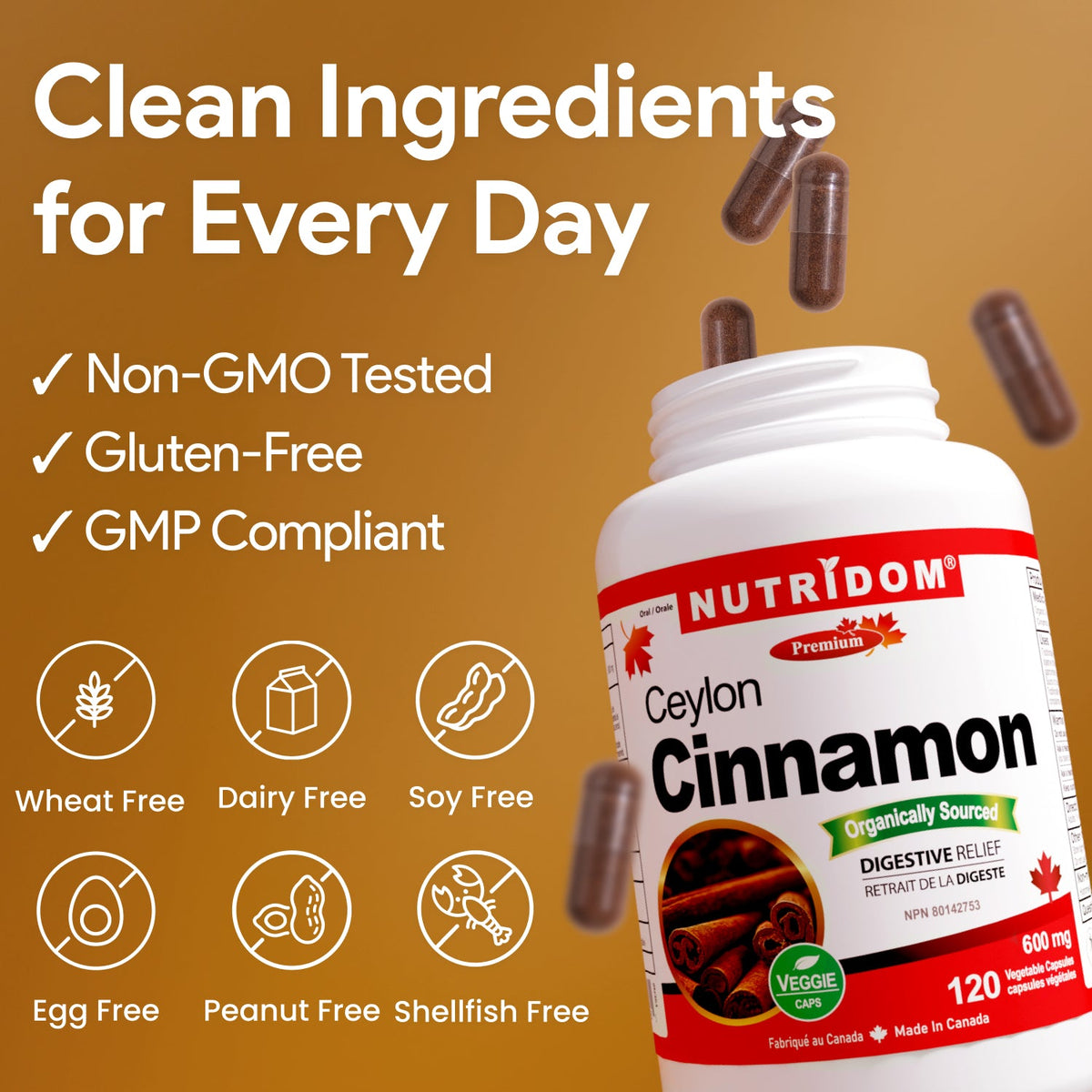 Nutridom Organic Ceylon Cinnamon 600mg 120 Veg Capsules