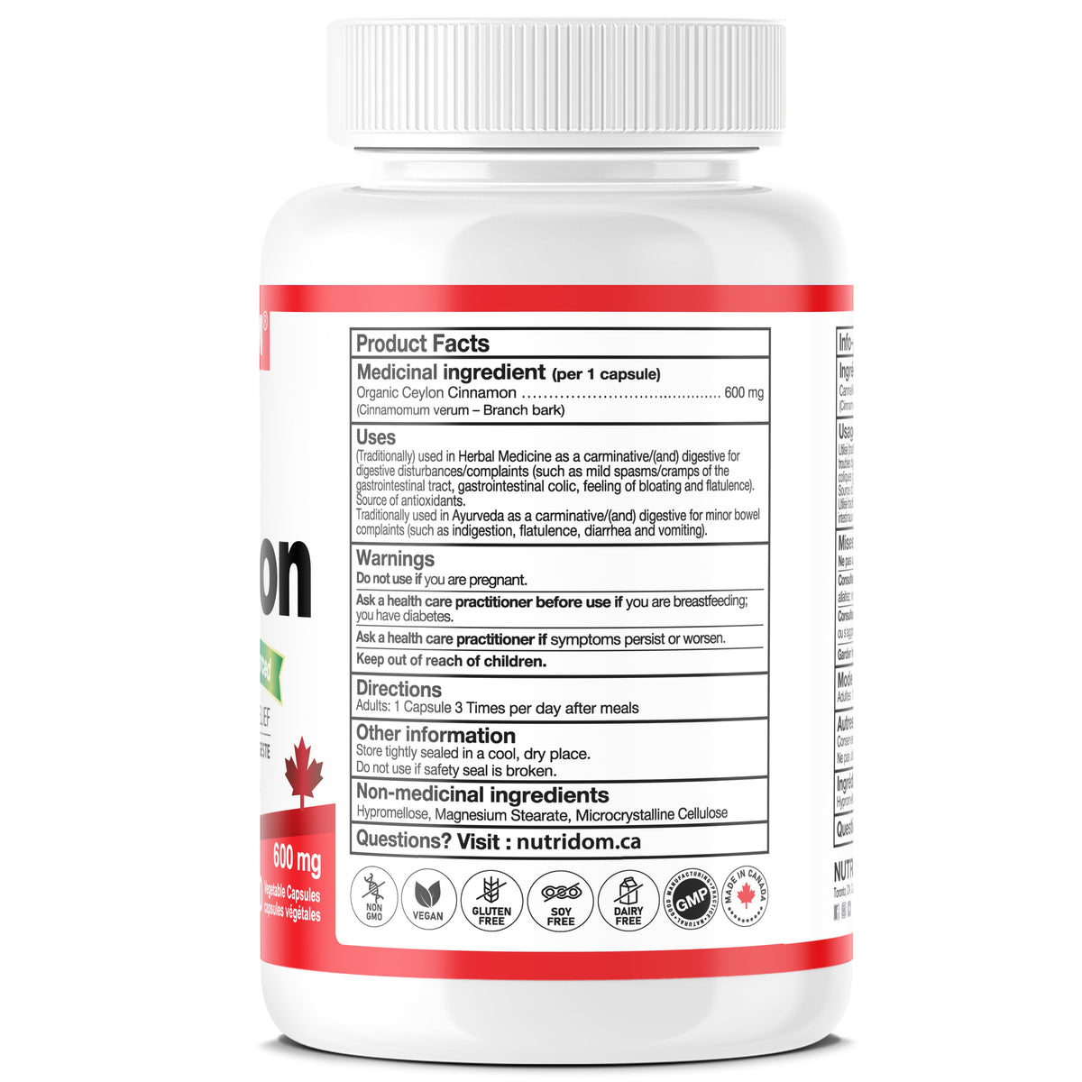 Nutridom Organic Ceylon Cinnamon 600mg 120 Veg Capsules