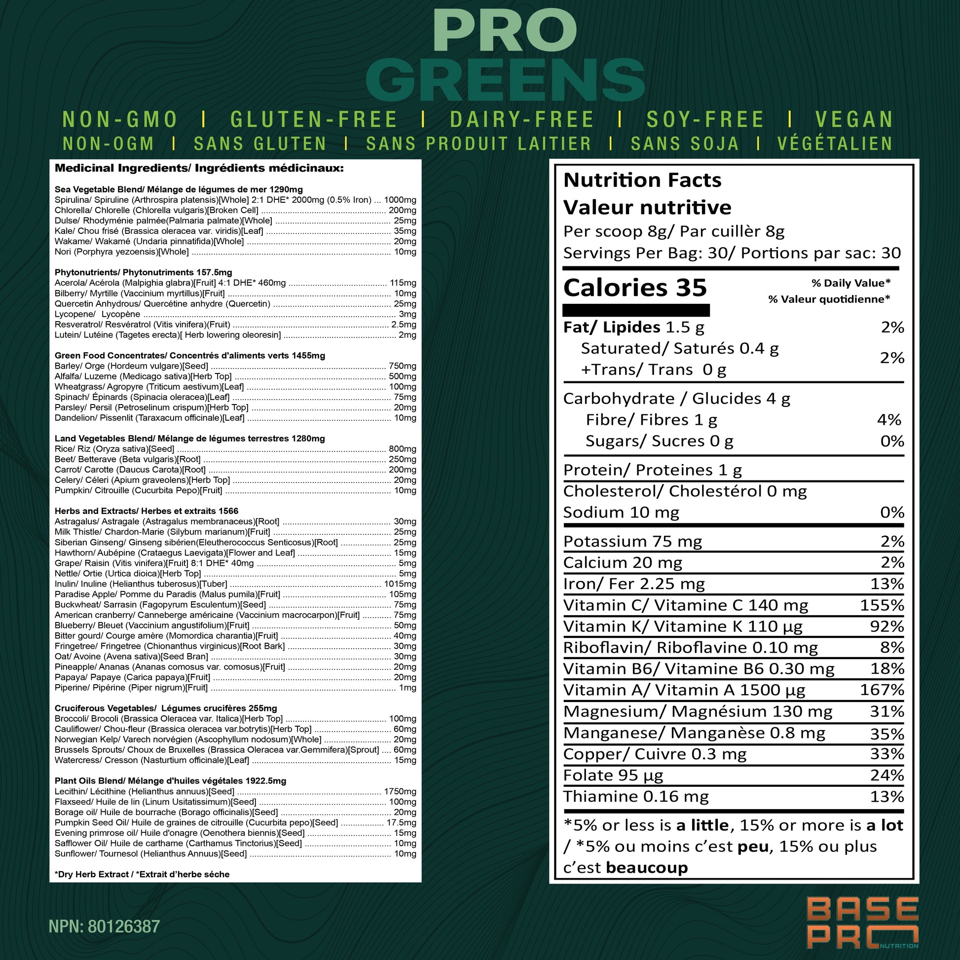 Base Pro Nutrition Pro Greens Powder - Unflavoured 240 Grams