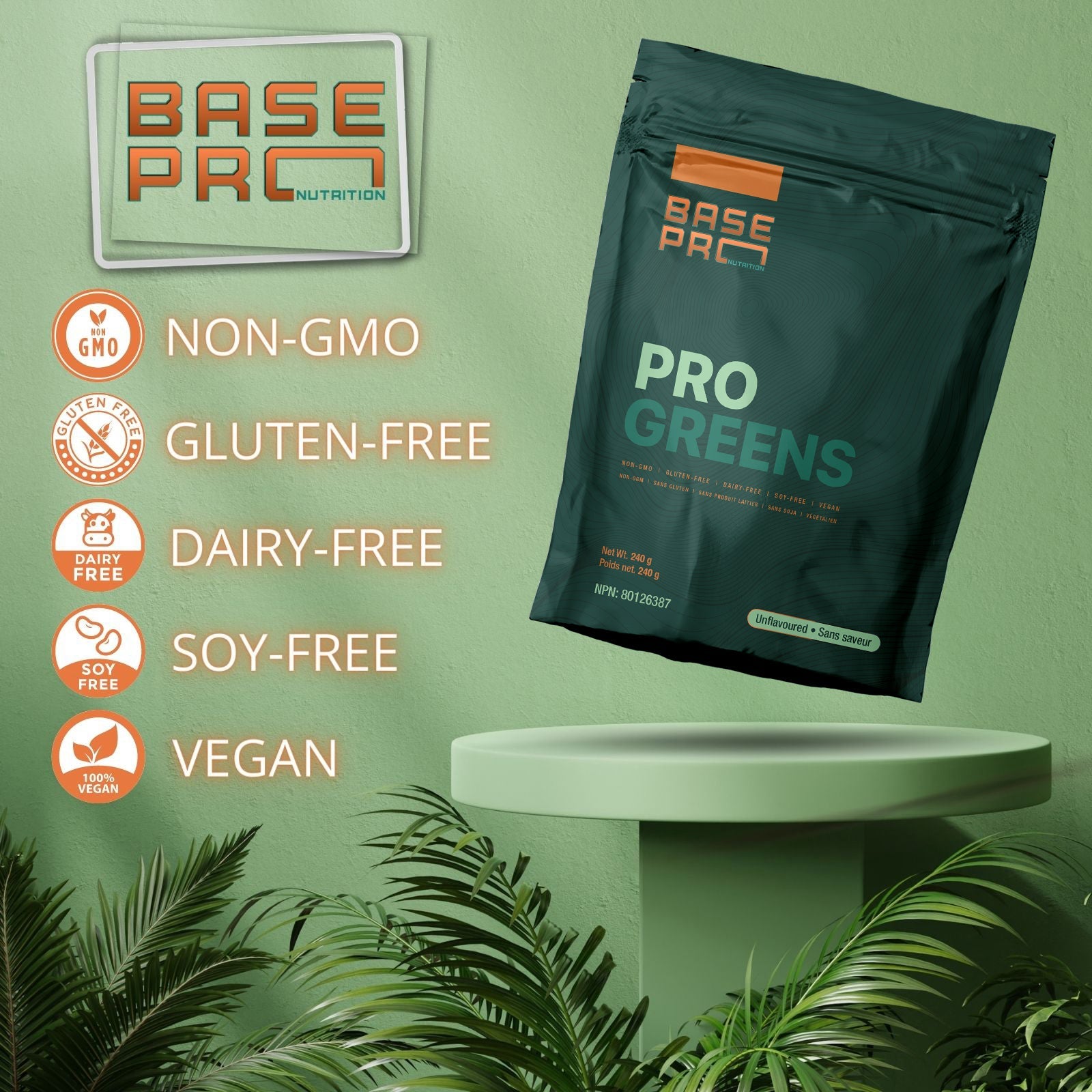 Base Pro Nutrition Pro Greens Powder - Unflavoured 240 Grams