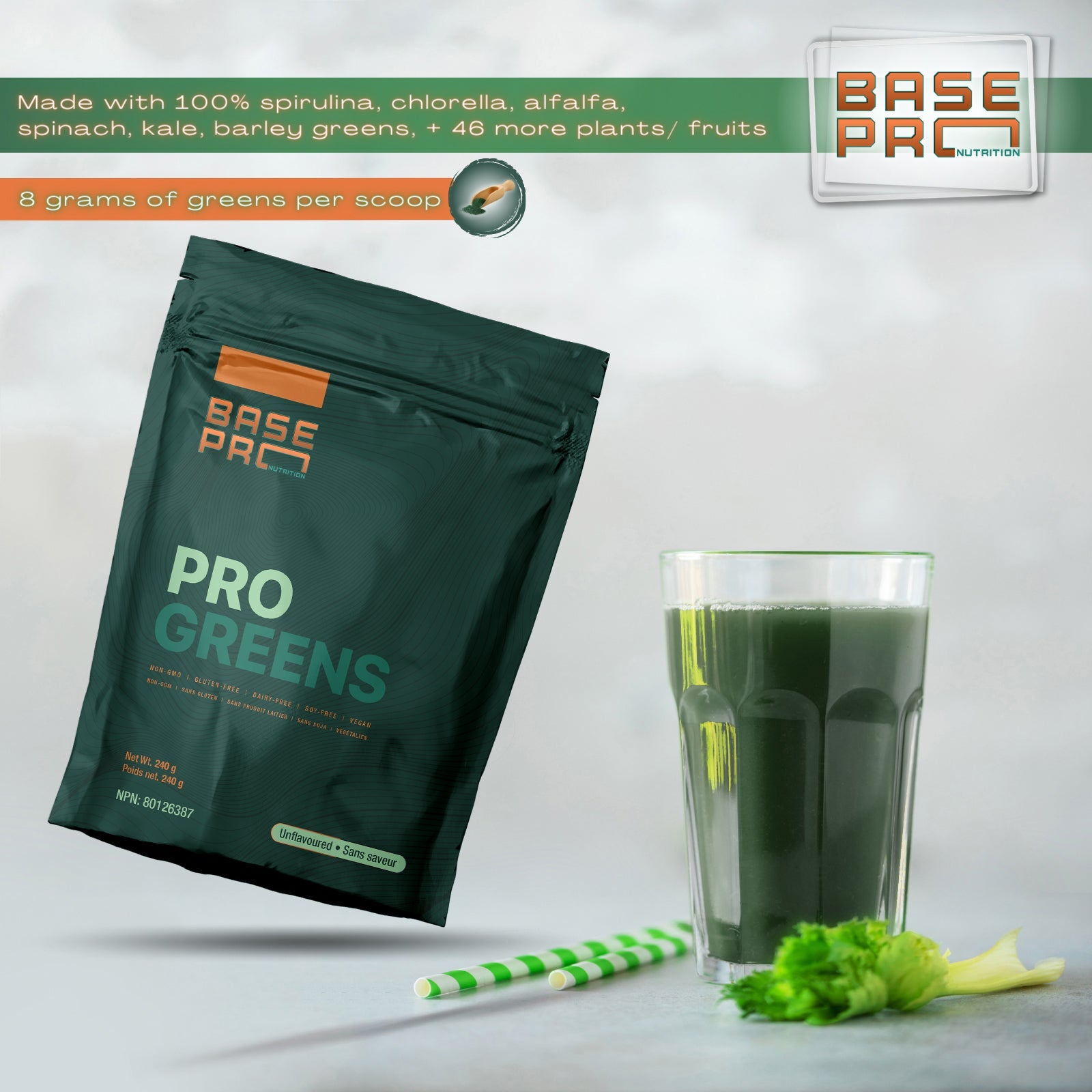 Base Pro Nutrition Pro Greens Powder - Unflavoured 240 Grams