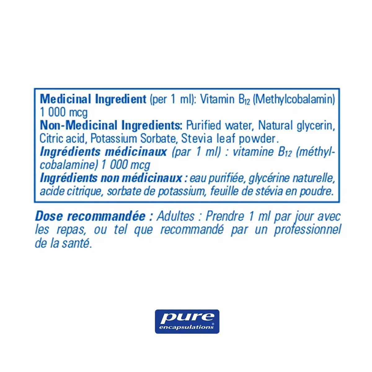 A white square label with blue text detailing the ingredients and dosage of a supplement by Pure Encapsulations. The text is written in both English and French, specifying Vitamin B2 as the main medicinal ingredient and recommending a dosage of 1 ml per day.