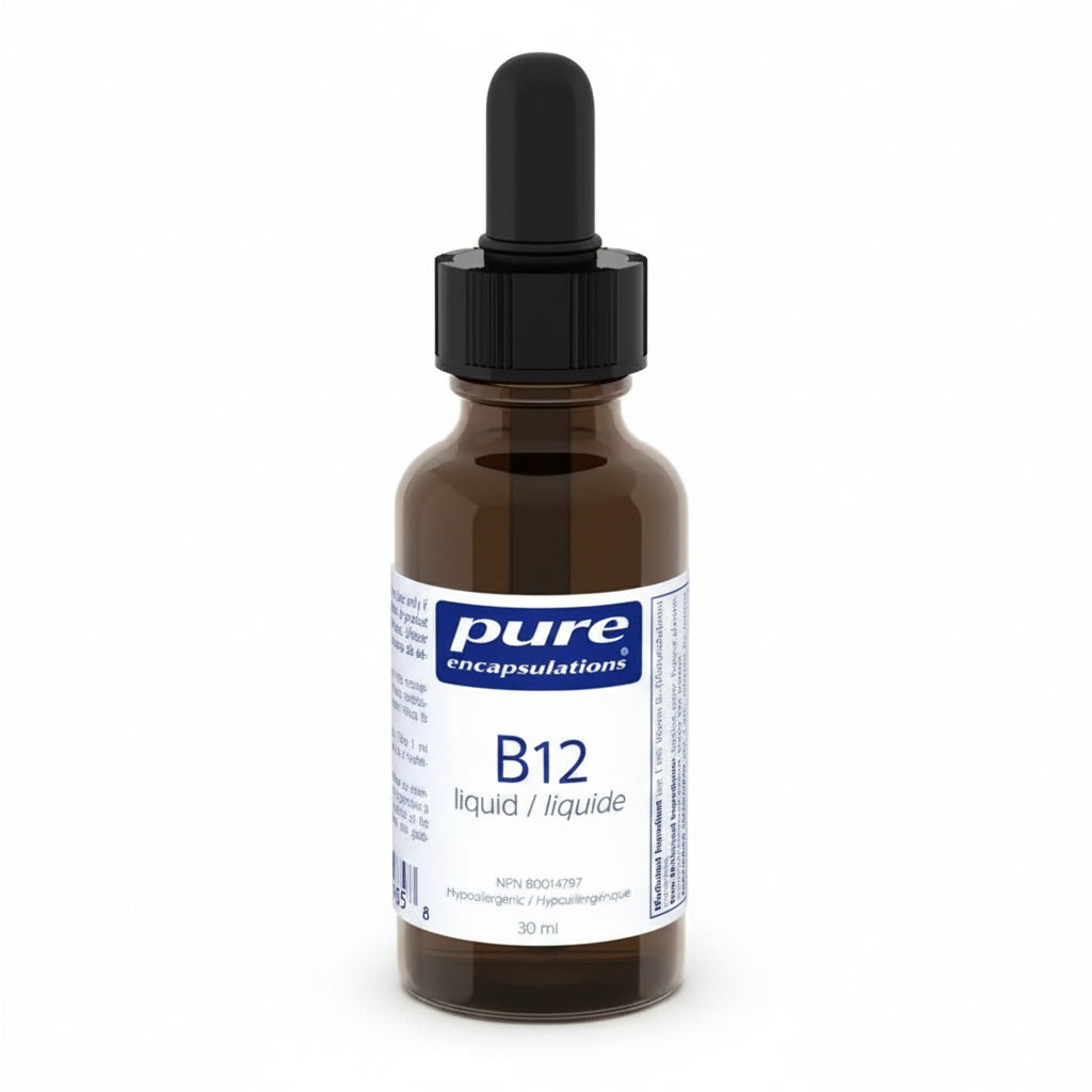 A 10 ml amber glass dropper bottle of Pure Encapsulations B12 liquid supplement, featuring a white and blue label with a black dropper cap, set against a plain white background.