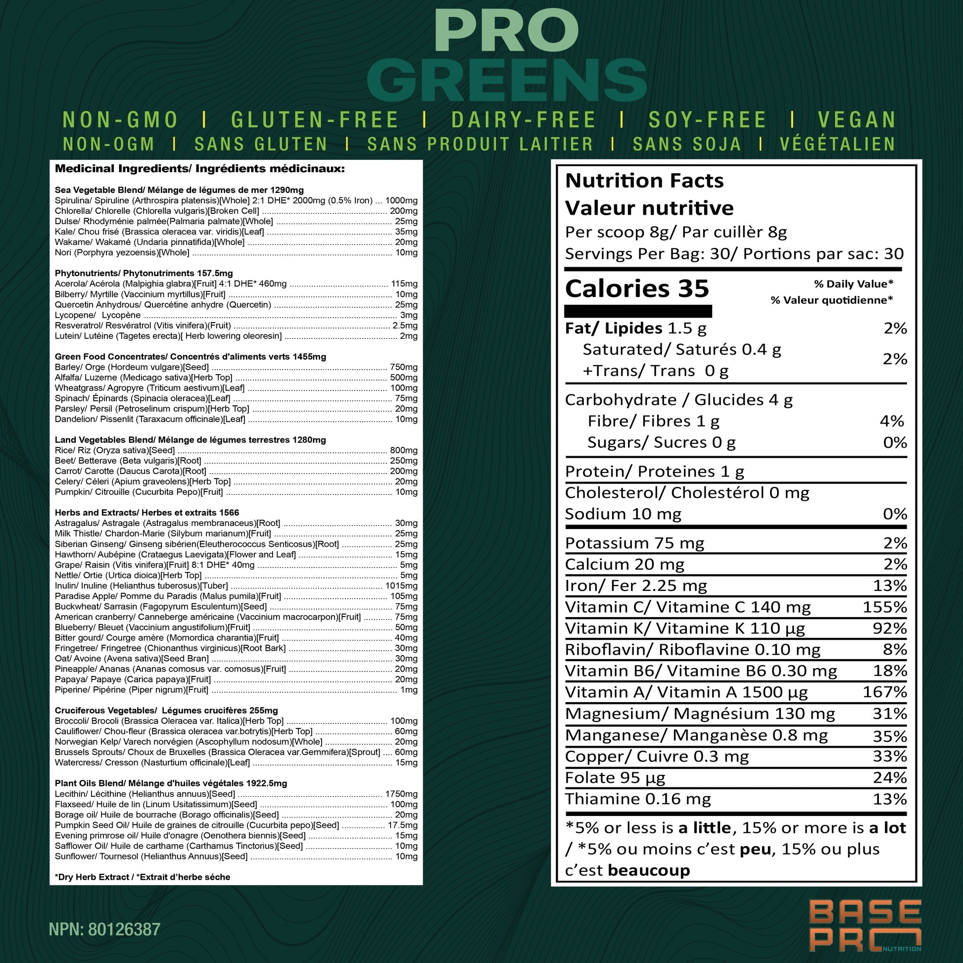 Base Pro Nutrition Pro Greens Powder - Unflavoured 240 Grams - Nutrition Plus