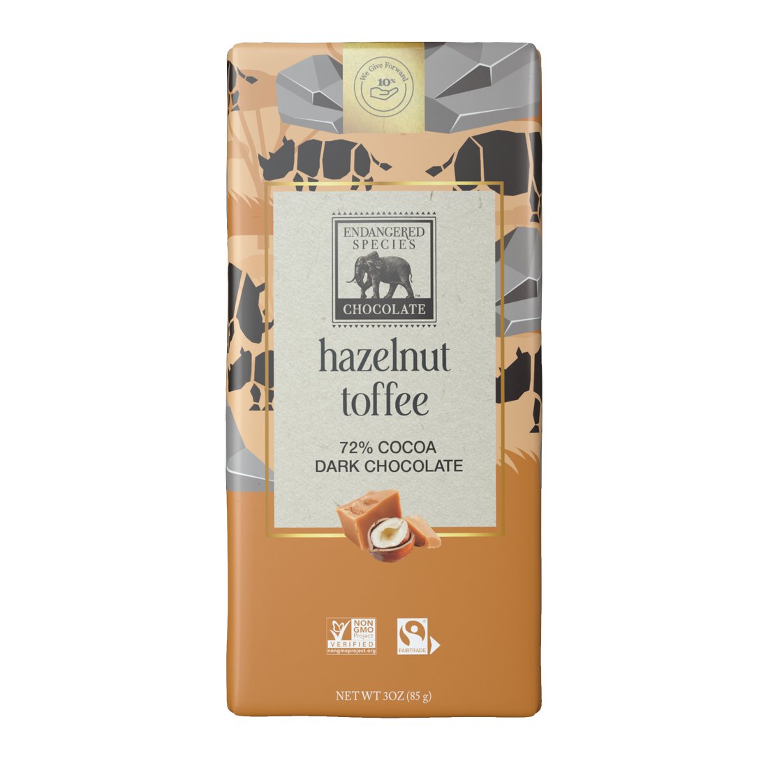 Endangered Species Hazelnut Toffee + 72% Dark Chocolate 85 Grams - Nutrition Plus