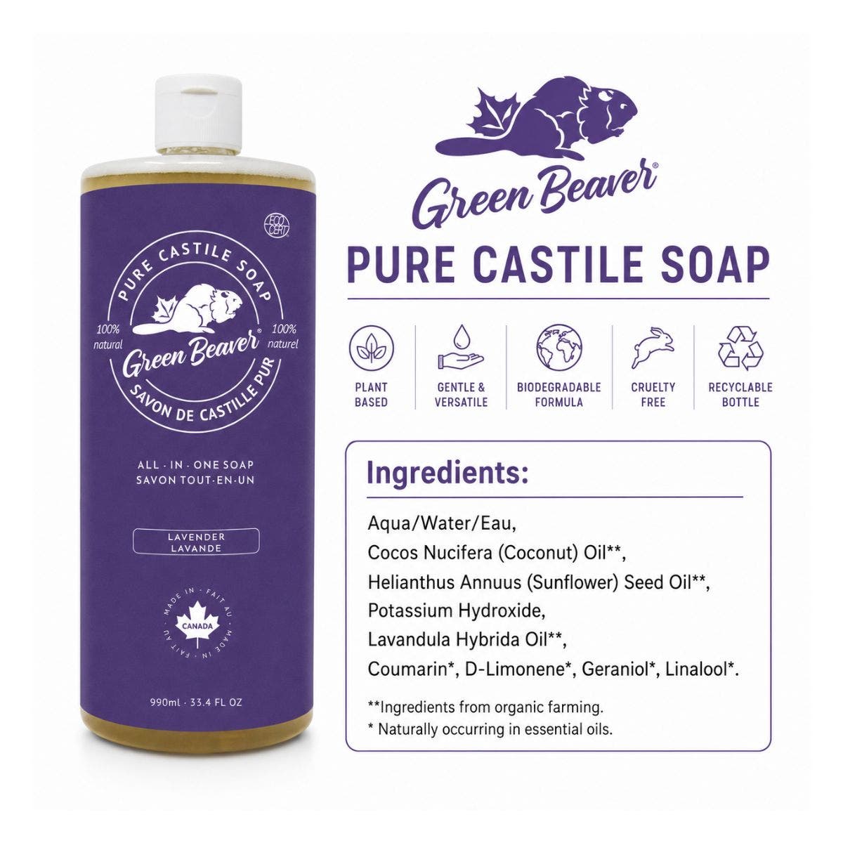 Green Beaver All-Purpose Pure Castille Soap, Lavender 990mL - Nutrition Plus
