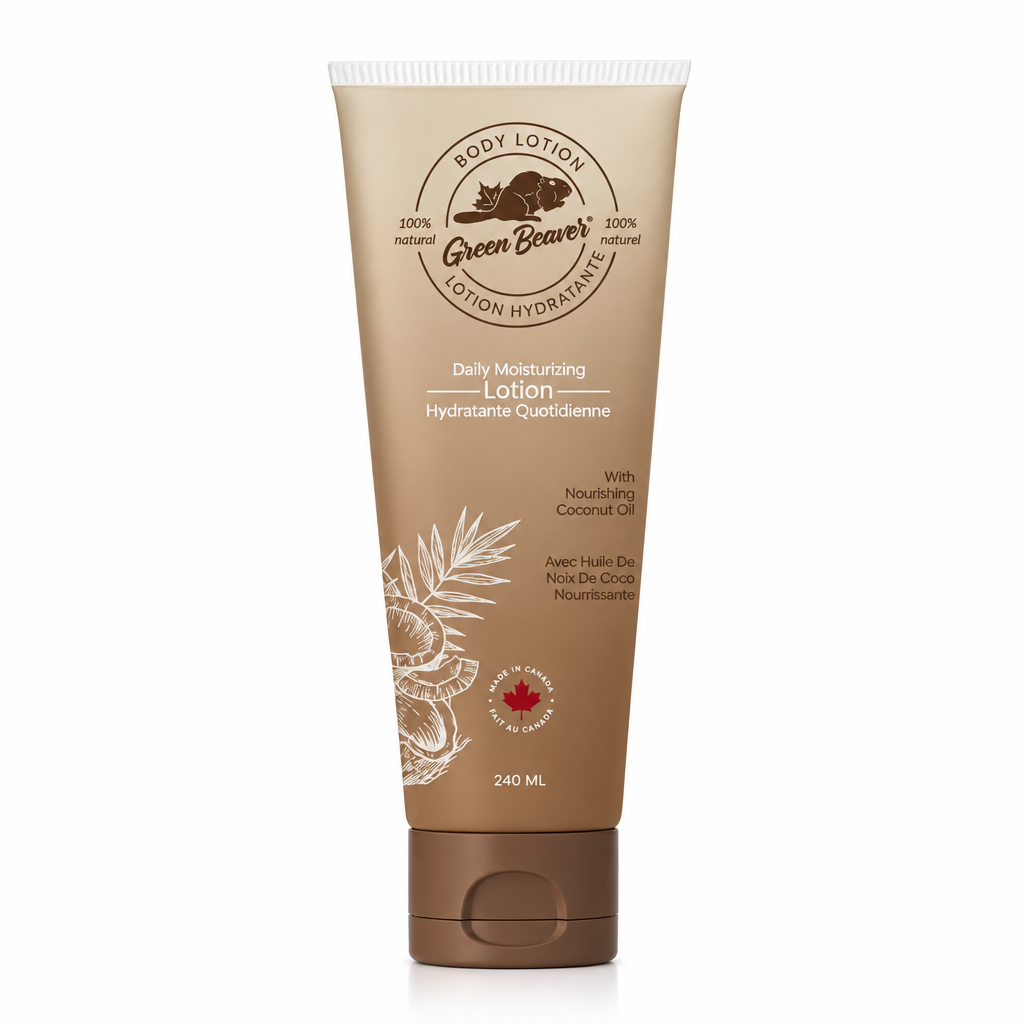 Tube of Green Beaver body lotion on a white background