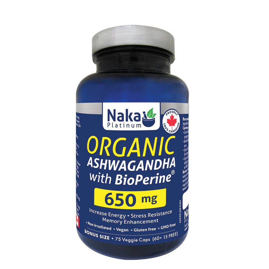 Naka Organic Ashwagandha with BioPerine 650mg 75 Veg Capsules - Nutrition Plus